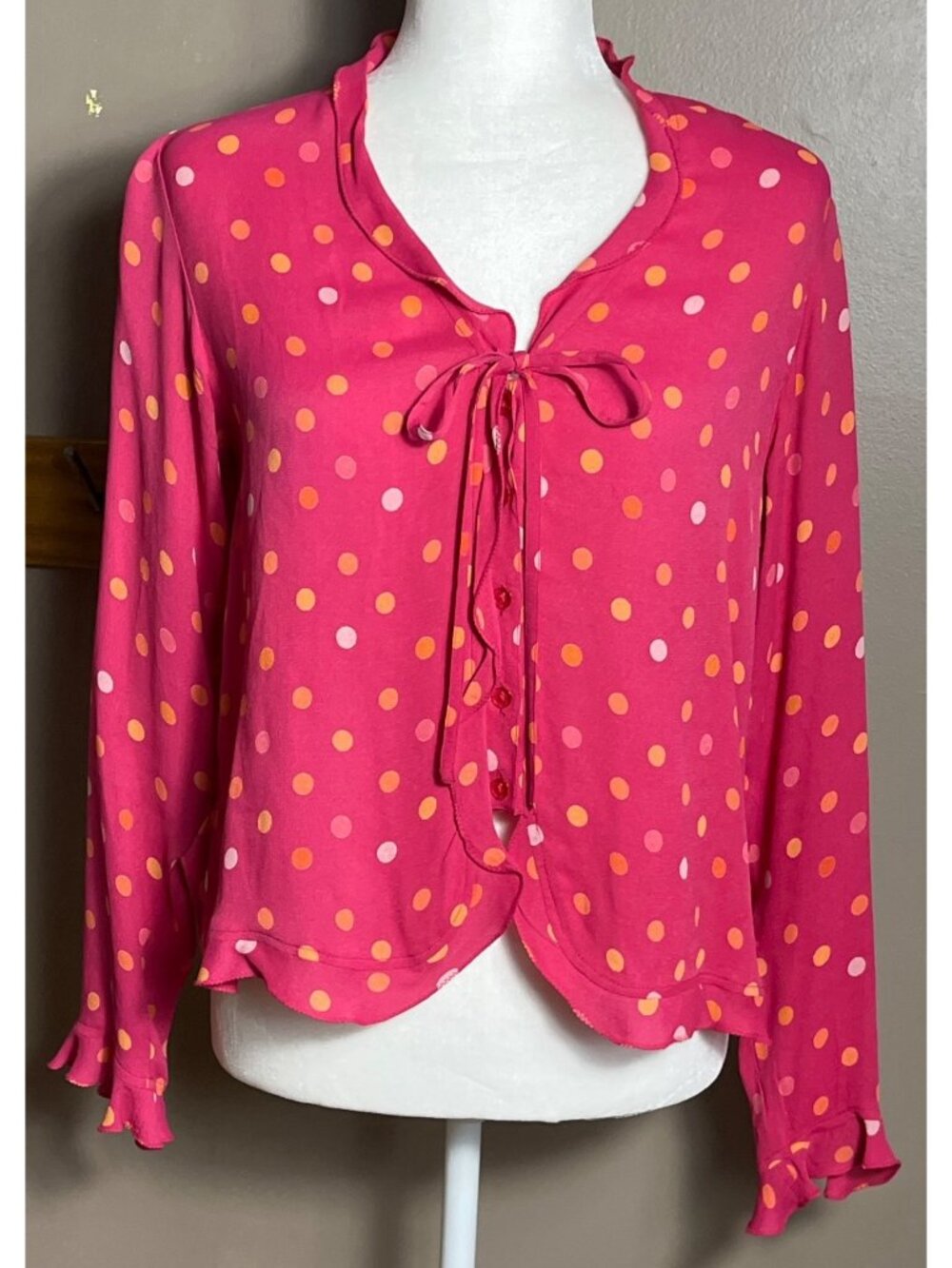 Vtg Rare April Cornell Top Pink Polka Dot Button Ties Twee Flutter Ruffles Wm XS - Picture 8 of 10